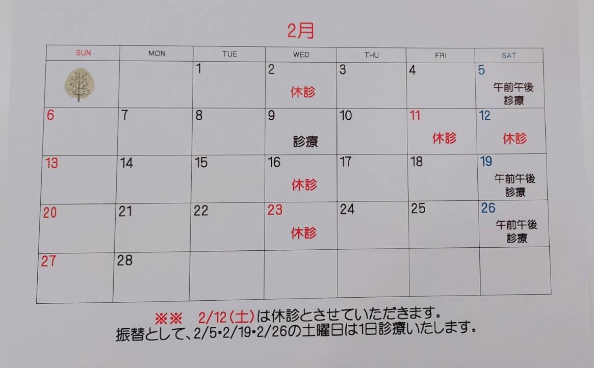 2月の診療日のお知らせ